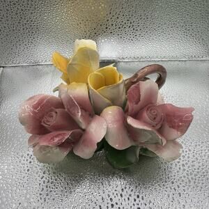 Vintage Capodimonte Three Roses Porcelain Candle Holder Made in Italy